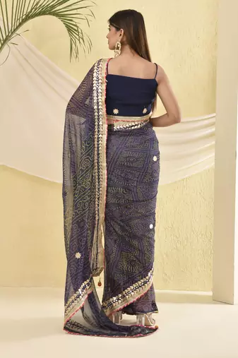 Navy blue bandhani work saree with unstitched blouse fabric