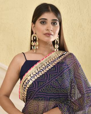 Navy blue bandhani work saree with unstitched blouse fabric 3
