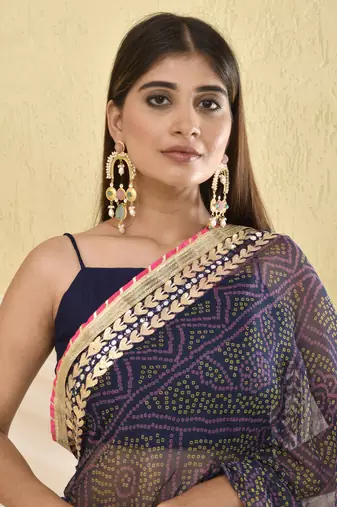 Navy blue bandhani work saree with unstitched blouse fabric