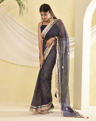 Navy blue bandhani work saree with unstitched blouse fabric 4
