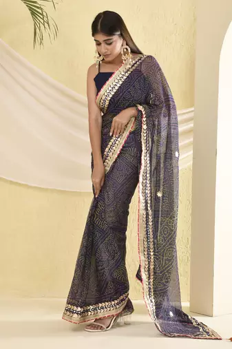 Navy blue bandhani work saree with unstitched blouse fabric