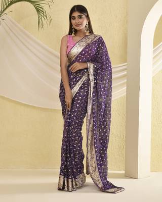 Purple bandhani and zari work saree with unstitched pink blouse fabric 1