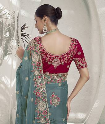 Rama green color  codes and sequins fancy fabric wedding wear saree with blouse fabric 3