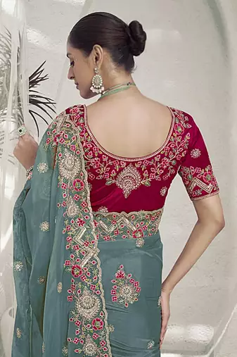 Rama green color  codes and sequins fancy fabric wedding wear saree with blouse fabric