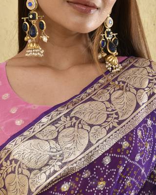 Purple bandhani and zari work saree with unstitched pink blouse fabric 3