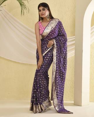 Purple bandhani and zari work saree with unstitched pink blouse fabric 4