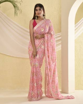 Flamingo pink bandhani saree with magenta unstitched blouse fabric 1