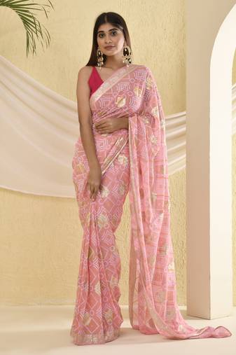 Flamingo pink bandhani saree with magenta unstitched blouse fabric