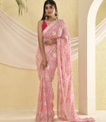 Flamingo pink bandhani saree with magenta unstitched blouse fabric
