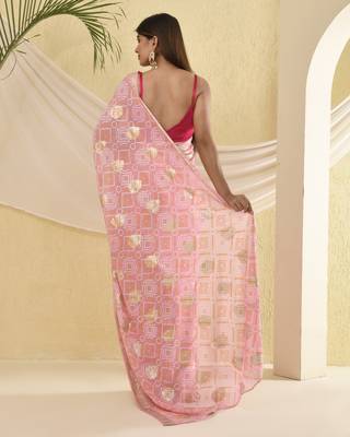 Flamingo pink bandhani saree with magenta unstitched blouse fabric 2