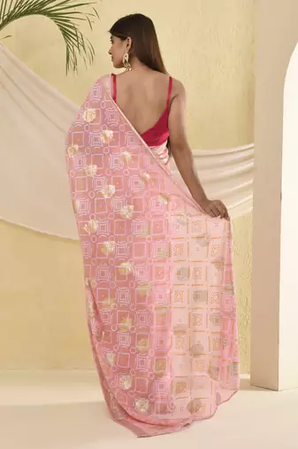 Flamingo pink bandhani saree with magenta unstitched blouse fabric