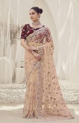 Peach color  codes and sequins net wedding wear saree with blouse fabric 1