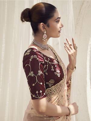 Peach color  codes and sequins net wedding wear saree with blouse fabric 3