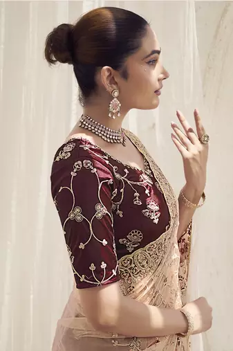 Peach color  codes and sequins net wedding wear saree with blouse fabric