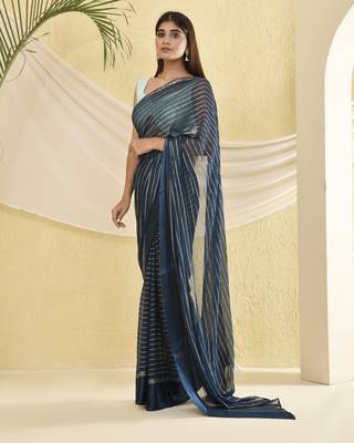 Blue zari striped saree with heavy bordered and unstitched blouse 4