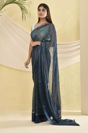 Blue zari striped saree with heavy bordered and unstitched blouse