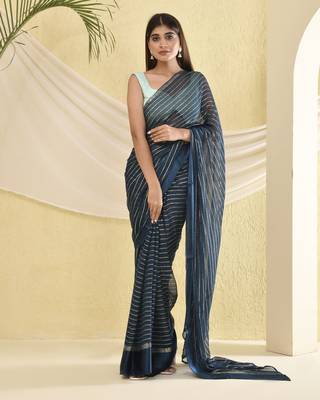 Blue zari striped saree with heavy bordered and unstitched blouse 5