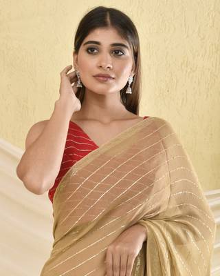 Golden zari striped bordered saree with unstitched blouse fabric 4