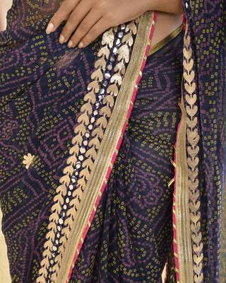 Navy blue bandhani work saree with unstitched blouse fabric 5