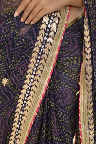 Navy blue bandhani work saree with unstitched blouse fabric