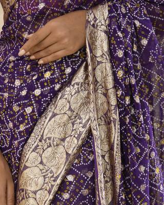 Purple bandhani and zari work saree with unstitched pink blouse fabric 5