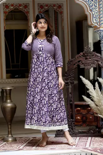 Women's purple cotton floral gota lace work anarkali kurta