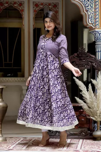 Women's purple cotton floral gota lace work anarkali kurta