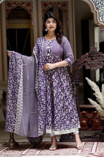 Women's purple cotton floral gota lace work anarkali kurta and dupatta
