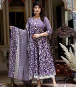 Women's purple cotton floral gota lace work anarkali kurta and dupatta