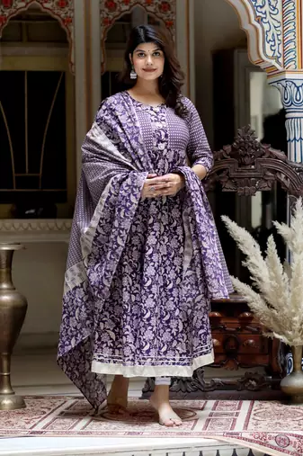 Women's purple cotton floral gota lace work anarkali kurta and dupatta