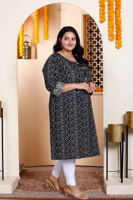 Womens plus size rayon embroidery black bandhani printed straight kurti 2