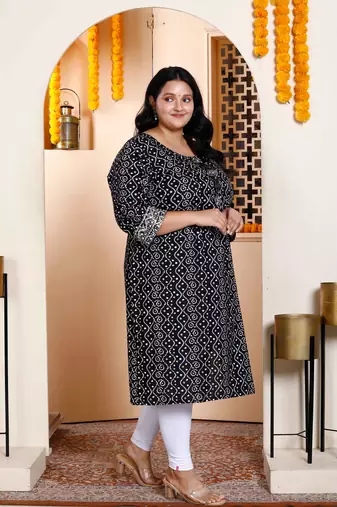 Womens plus size rayon embroidery black bandhani printed straight kurti