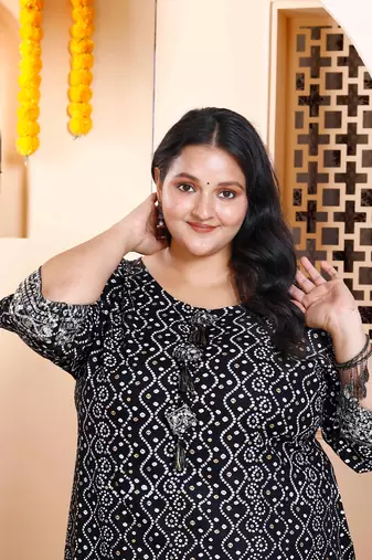 Womens plus size rayon embroidery black bandhani printed straight kurti