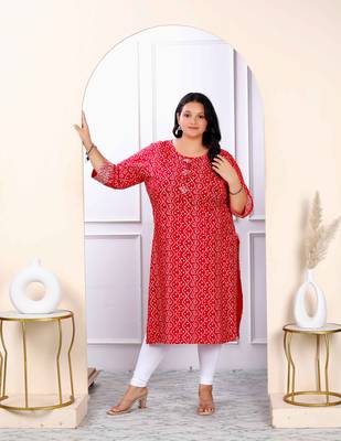 Womens plus size festive wear red bandhani printed straight kurti 1