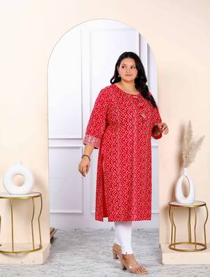 Womens plus size festive wear red bandhani printed straight kurti 2