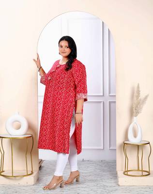 Womens plus size festive wear red bandhani printed straight kurti 3