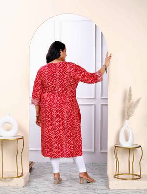 Womens plus size festive wear red bandhani printed straight kurti 4