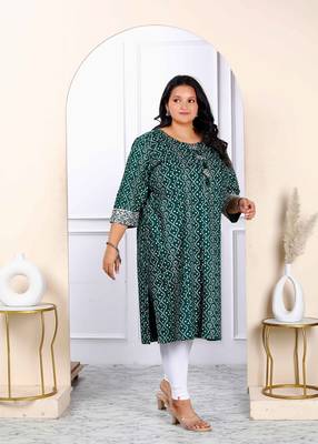 Womens plus size rayon green bandhani printed straight kurti 2