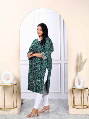 Womens plus size rayon green bandhani printed straight kurti 3