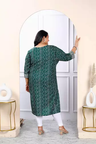 Womens plus size rayon green bandhani printed straight kurti