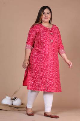 Womens plus size rayon pink bandhani printed straight kurti 2