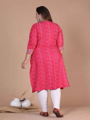 Womens plus size rayon pink bandhani printed straight kurti 4