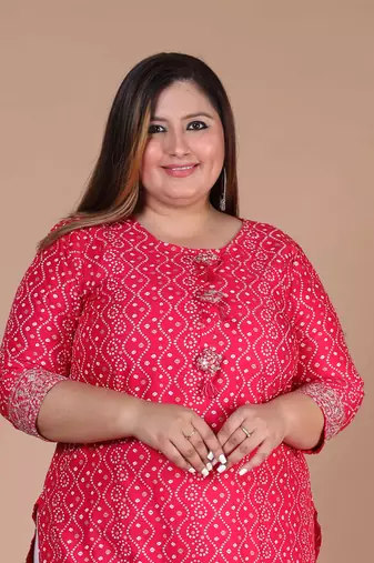 Womens plus size rayon pink bandhani printed straight kurti