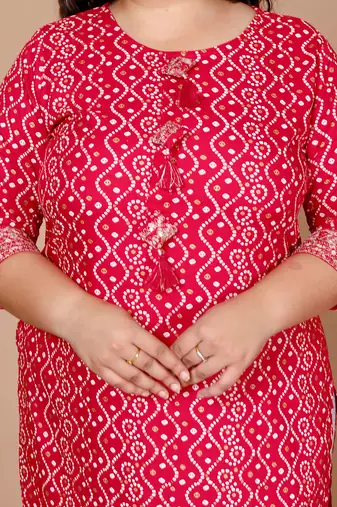 Womens plus size rayon pink bandhani printed straight kurti