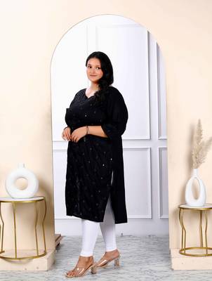 Womens plus size black embroidered and mirror work straight kurti 3