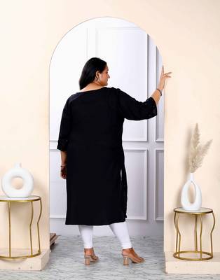Womens plus size black embroidered and mirror work straight kurti 5