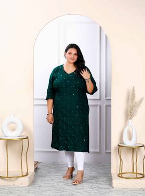Womens plus size green embroidered and mirror work straight kurti 1