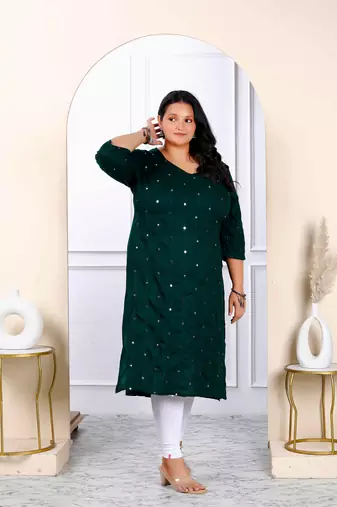 Womens plus size green embroidered and mirror work straight kurti