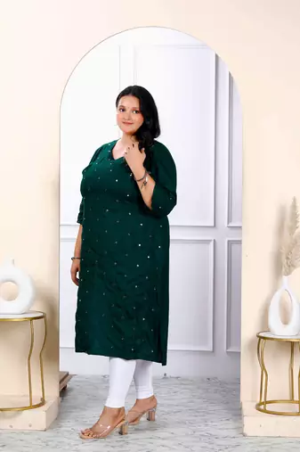Womens plus size green embroidered and mirror work straight kurti