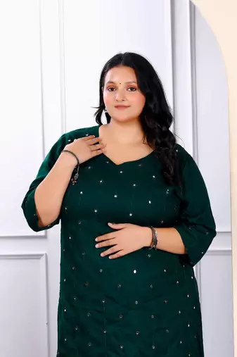 Womens plus size green embroidered and mirror work straight kurti